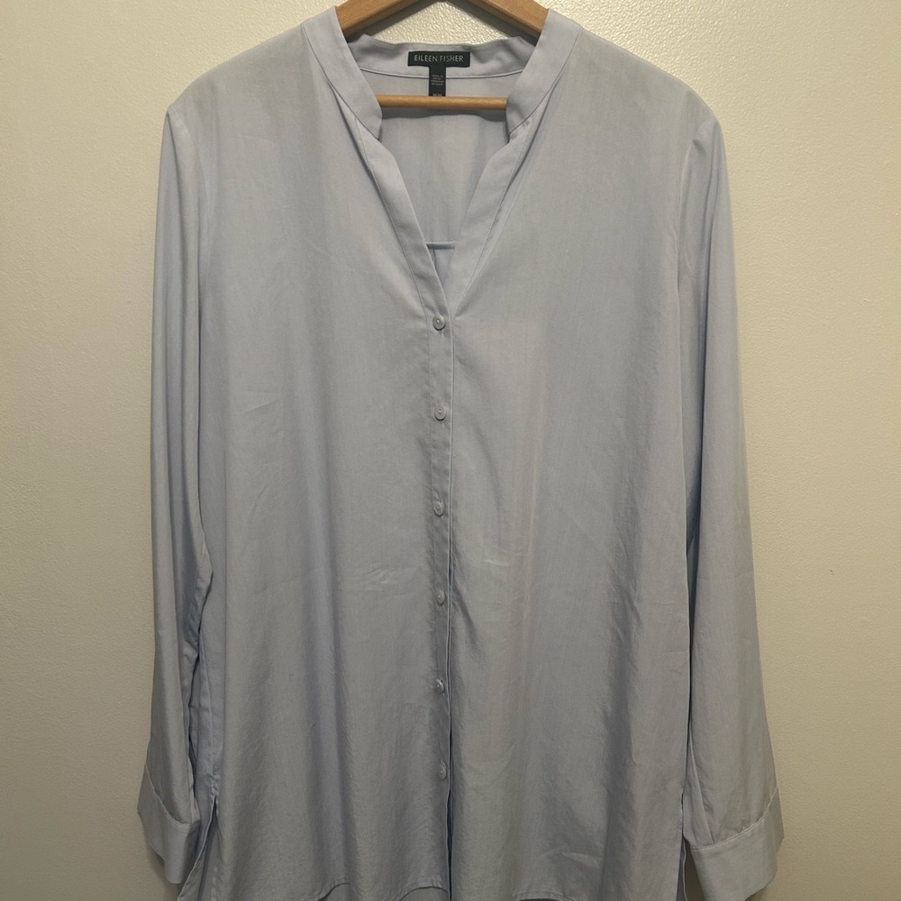 Eileen Fisher Sandwashed Tencel Stand Collar Top Blouse Sky Blue‎ Shirt Blouse M